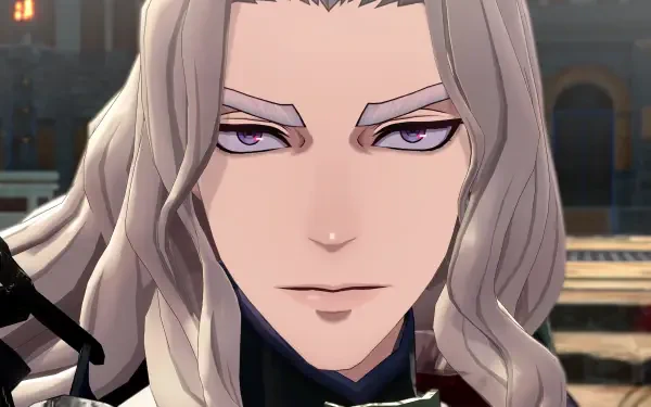 Anime portrait of Dietrich from Fire Emblem: Fortune's Weave — silver hair, sharp purple eyes, close-up 4K Ultra HD PC desktop wallpaper/background.