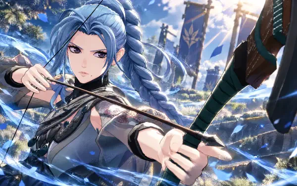 Ursula (Fire Emblem: Fortune's Weave), anime archer girl drawing a bow amid banners and swirling light — 4K Ultra HD PC desktop wallpaper/background.