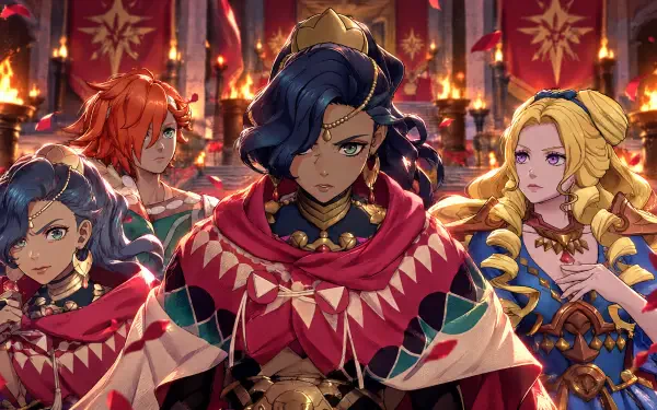 Fire Emblem: Fortune's Weave 4K Ultra HD PC desktop wallpaper — anime warrior Leda stands center in ornate armor and red cloak, flanked by three allies amid burning banners.