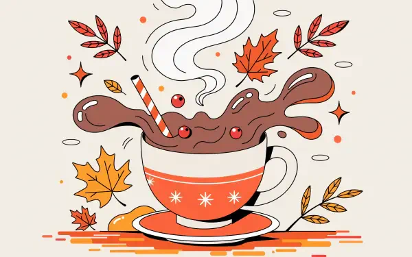 Fall coffee mug illustration: steaming autumn mug with swirling steam, floating maple leaves and sparkles — 2K Quad HD PC desktop wallpaper and background.