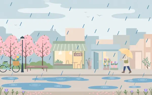 HD PC desktop wallpaper/background: spring rain on a pastel street—figure with umbrella walks past a cafe, cherry blossoms, puddles and a parked bicycle.