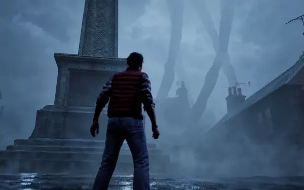 Silent Hill: Townfall 4K Ultra HD PC desktop wallpaper/background — lone figure stands at a rain-slick path before a fog-shrouded graveyard and towering monument, trees fading into misty night.