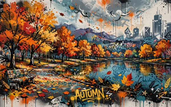 HD PC desktop wallpaper/background of an Autumn fall landscape: vibrant trees around a reflective lake with scattered leaves, graffiti accents, and distant mountains and city skyline.