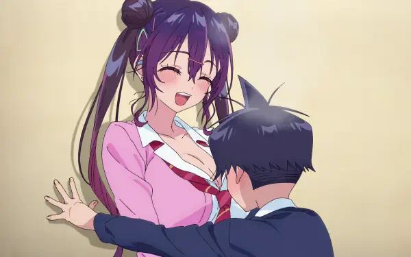 HD PC desktop wallpaper/background from Now That We Draw: anime girl with twin buns and bright smile as a schoolboy leans toward her, warm neutral backdrop.