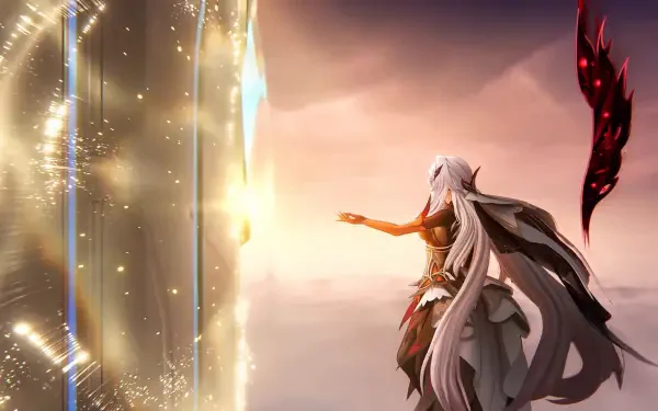 HD PC wallpaper of Ronova (Genshin Impact): anime woman with long white hair reaching toward a glowing portal against a sunset sky, a dark feathered wing hovering behind her.