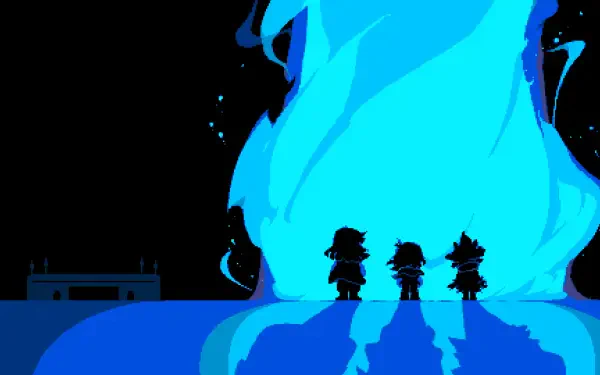Deltarune 4K Ultra HD PC wallpaper: dark silhouettes of Kris, Susie, and a third figure facing a towering blue fire, their reflections stretching across the foreground.