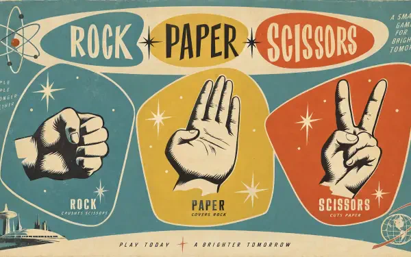 Retro 4K Ultra HD PC desktop wallpaper background showing three hands in mid-century panels labeled Rock, Paper, Scissors.