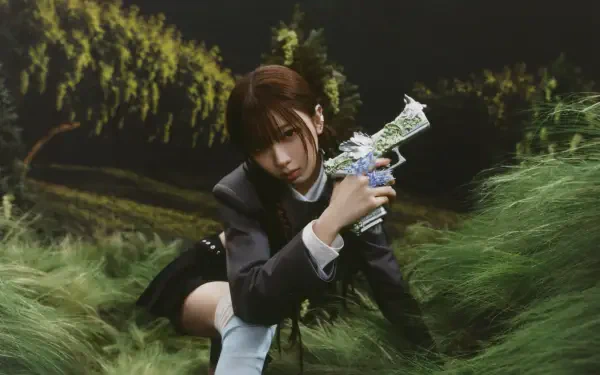 Portrait of a woman in a moody Sour Grapes scene, holding a floral-decorated prop amid swaying grass — 4K Ultra HD PC desktop wallpaper.