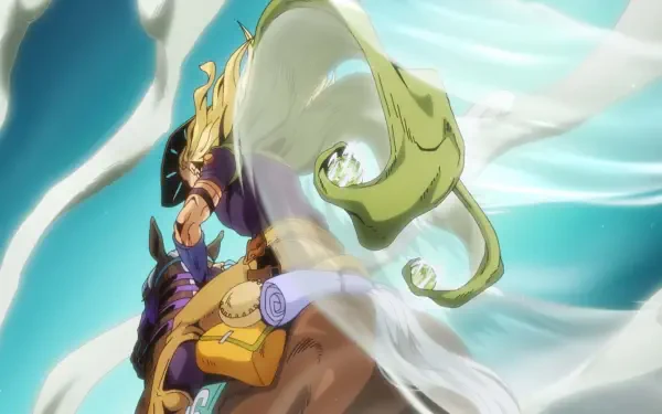 Gyro Zeppeli from Steel Ball Run striking a dynamic spin pose amid swirling winds — anime HD desktop wallpaper