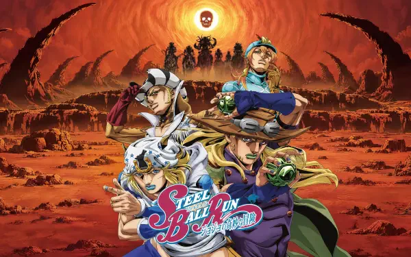Steel Ball Run anime poster-style 4K Ultra HD PC desktop wallpaper featuring Johnny Joestar and Gyro Zeppeli posed dramatically against a fiery desert sky.