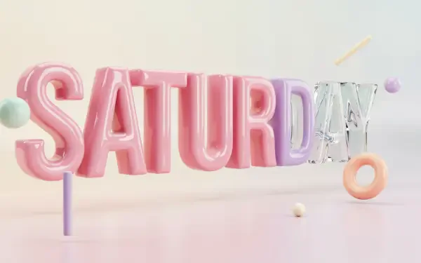 Pastel 3D typography spelling SATURDAY in glossy pink-to-lilac letters with floating geometric shapes on a soft cream-pink backdrop — 2K Quad HD PC desktop wallpaper and background.