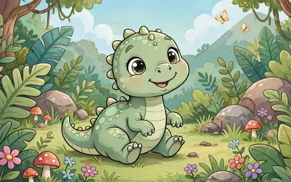 Cute baby dinosaur cartoon sitting in a sunny forest clearing with mushrooms and flowers — HD PC desktop wallpaper/background.