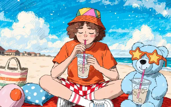 2K Quad HD PC desktop wallpaper of a child in a colorful hat sipping a cold drink on a summer beach, seated beside a teddy bear wearing star-shaped sunglasses.