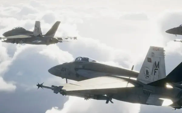 Ace Combat 8: Wings of Theve HD PC desktop wallpaper: a squadron of jet fighters and military warplanes flying above the clouds.