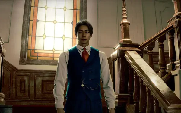 HD PC desktop wallpaper Stranger Than Heaven — a man in a blue vest and red tie stands by ornate wooden stairs beneath a tall stained-glass window.