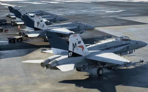 HD PC desktop wallpaper and background of Ace Combat 8: Wings of Theve — row of jet fighters and military aircraft parked on an aircraft carrier deck.
