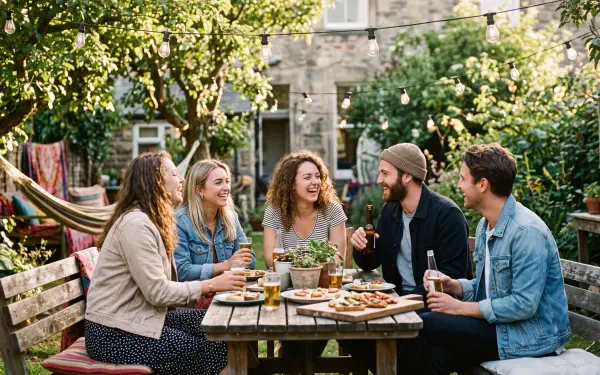 5K Ultra HD PC desktop wallpaper: friends laughing around a backyard table with drinks and snacks, string lights and greenery creating warm, relaxed good vibes.