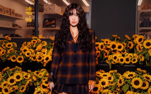 5K UHD desktop wallpaper: portrait of a model in a dark plaid outfit standing among sunflowers with warm autumn lighting and a moody urban backdrop.