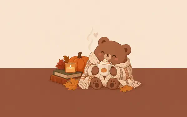 4K Ultra HD PC desktop wallpaper of a cozy fall scene: a teddy bear wrapped in a blanket cradling a mug beside a lit candle, stacked books, a pumpkin and scattered autumn leaves.