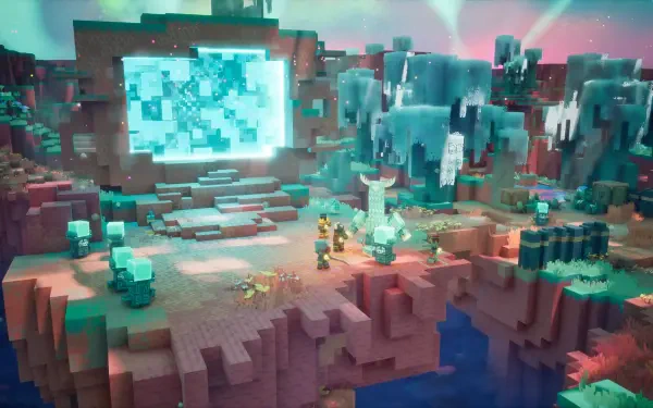 Minecraft Dungeons II HD PC desktop wallpaper/background: floating blocky island with a glowing crystal portal, pixelated adventurers, icy cliffs and a vibrant video game sky.