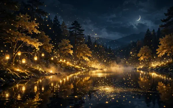 HD PC wallpaper of a moonlit forest river at night — crescent moon over mountains, warm lantern glows reflecting on water, star-filled sky and a tranquil night mood.