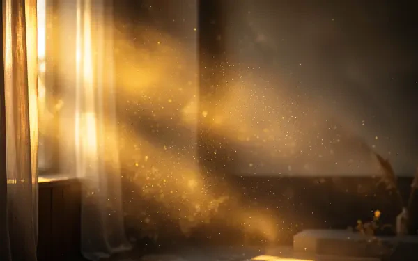 4K Ultra HD desktop wallpaper: warm sunlight streaming through a window and curtain, ambient light and dust motes in a golden light beam across a dim room.