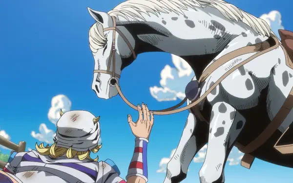HD PC desktop wallpaper of Steel Ball Run's Johnny Joestar reaching up to a spotted horse beneath a bright blue sky.