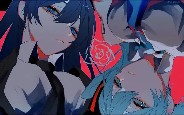 Ado-inspired and Hatsune Miku anime girls face-to-face in vivid blues and reds — 4K Ultra HD PC desktop wallpaper background.