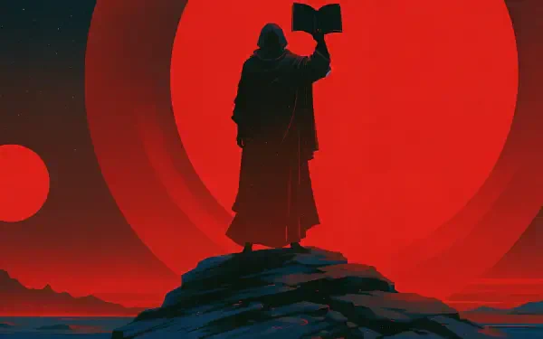 Silhouette of a robed figure holding a book atop a rocky peak before a massive red sun — wisdom-themed 4K Ultra HD PC desktop wallpaper and background.