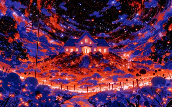 4K Ultra HD PC desktop wallpaper and background: A luminous house atop a hill under a star-filled night sky, American flag waving amid glowing flowers — a surreal American Dream scene.