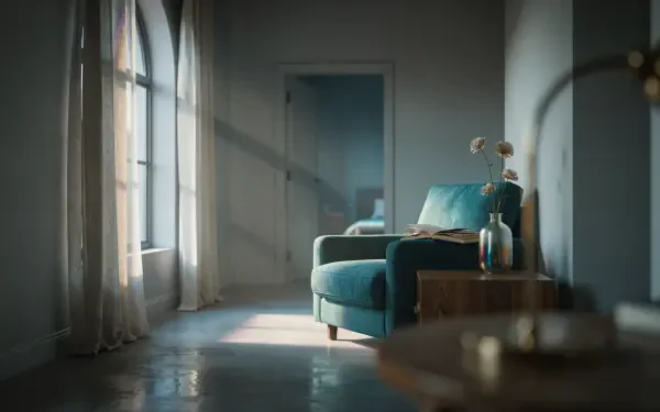 4K Ultra HD PC desktop wallpaper: sunlit interior with ambient light, window casting shadows on a teal armchair.