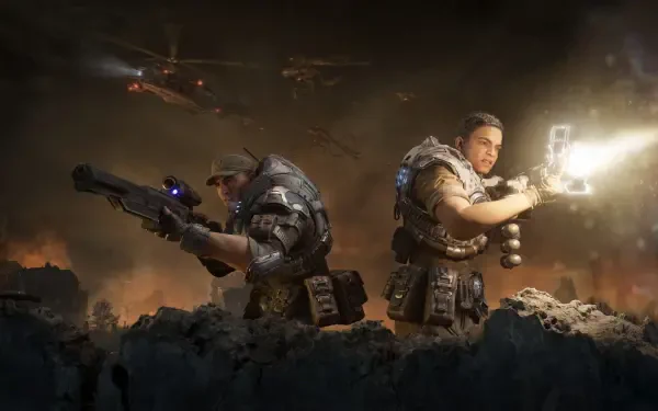 Gears of War: E-Day 2K Quad HD PC desktop wallpaper showing two armored soldiers back-to-back firing weapons on a fiery battlefield as helicopters hover overhead.
