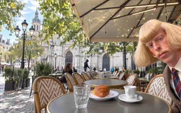 Meme portrait of Jean Philanthrope: a man with a bowl haircut peeking at a cafe table with coffee and croissant, cathedral in the sunlit background — 4K Ultra HD PC wallpaper.