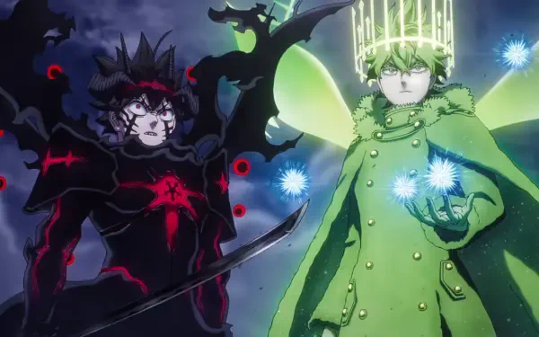 HD desktop wallpaper of Black Clover's Asta in a dark demonic form wielding a sword with a red aura, beside Yuno in a glowing green cloak conjuring blue wind magic.
