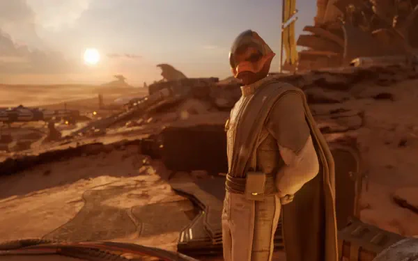 Star Wars: Galactic Racer 4K Ultra HD PC desktop wallpaper — desert sunset with a cloaked soldier in futuristic armor standing beside a speeder amid rocky dunes.