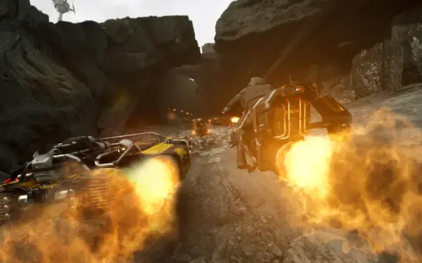 Star Wars: Galactic Racer 4K Ultra HD PC desktop wallpaper of two spaceships racing through a rocky canyon, engines blazing orange and dust trailing behind them.