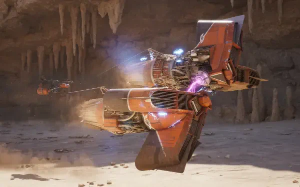 Star Wars: Galactic Racer orange hovercraft spaceship racing through a cavern, engine glow and dust — 4K Ultra HD PC Desktop Wallpaper and Background vehicle.