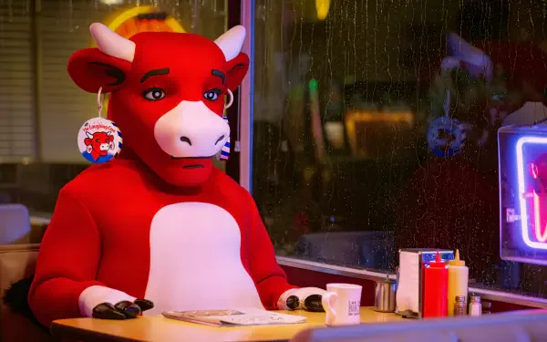 4K Ultra HD PC desktop wallpaper: The Not Laughing Cow meme — a red cow costume character sits at a diner counter, expressionless, with a mug and neon sign in the background.