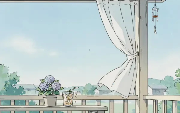 Minimalist summer balcony with a flowing white curtain and potted flowers, illustrated 4K Ultra HD desktop wallpaper.