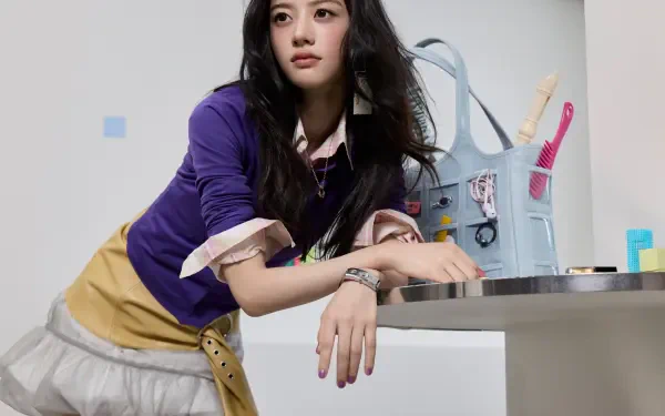 ILLIT’s Minju in a purple-and-yellow fashion outfit for Break Even, featured in a 2K Quad HD desktop wallpaper.