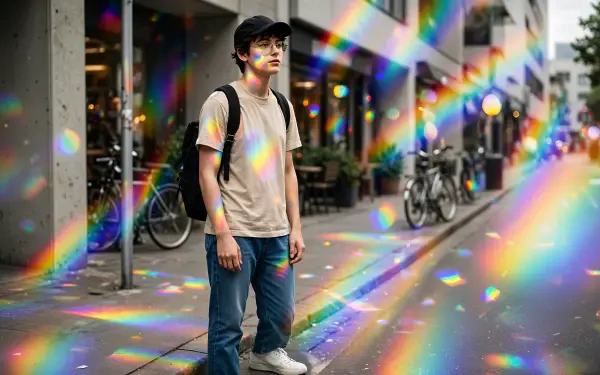 Normcore man on a city street with rainbow light across the pavement, 4K Ultra HD PC desktop wallpaper and background.