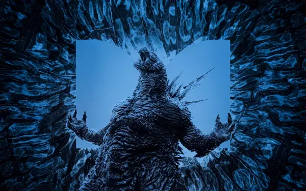 Godzilla Minus Zero towers amid blue ice-like shards in this 5K Ultra HD PC desktop wallpaper and background.