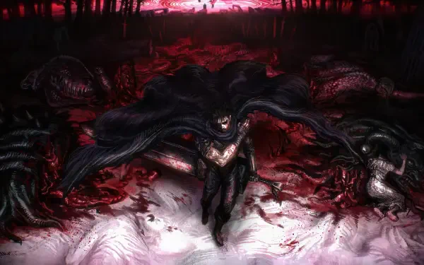 Berserk 4K Ultra HD PC desktop wallpaper featuring a shadowy figure amid a blood-red battlefield and monstrous creatures.