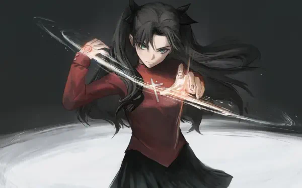 Rin Tohsaka wielding a glowing blade in a dramatic Fate anime HD PC desktop wallpaper and background.