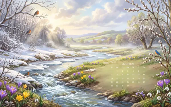 March 2027 calendar over a snowy winter river landscape with flowering banks, presented as a 5K Ultra HD PC desktop wallpaper background.