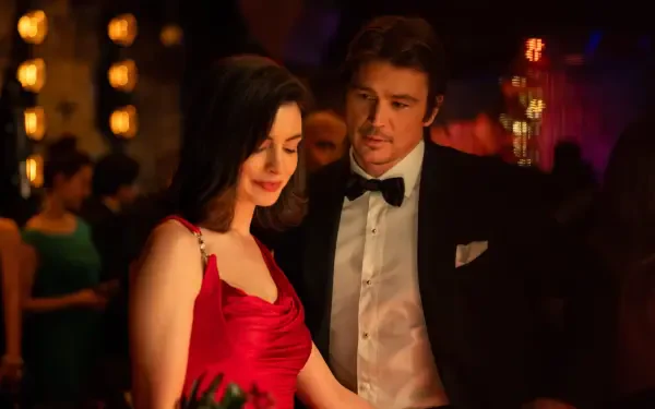 Anne Hathaway and Josh Hartnett in an elegant scene from Verity (2026), 4K Ultra HD PC desktop wallpaper and background.