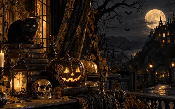 4K Ultra HD Halloween aesthetic PC desktop wallpaper featuring a glowing jack-o’-lantern, black cat, candles, and a moonlit haunted village.