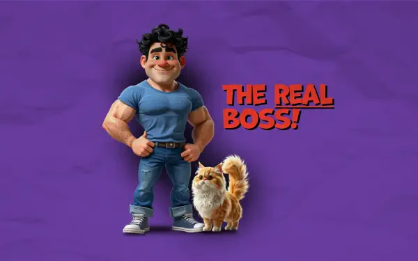 Funny cartoon man and fluffy pet cat with “The Real Boss!” text on a purple 2K Quad HD PC desktop wallpaper.
