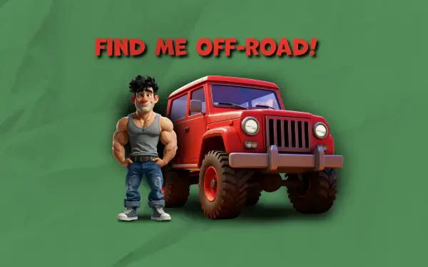 Funny cartoon adventurer beside a red off-road jeep beneath “Find Me Off-Road!” on a green 2K Quad HD PC desktop wallpaper.