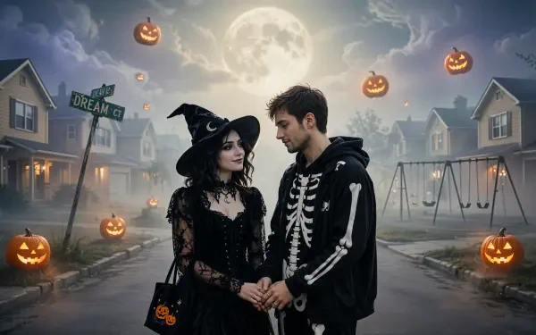 Halloween couple in witch and skeleton costumes under a full moon, 4K Ultra HD PC desktop wallpaper and background.